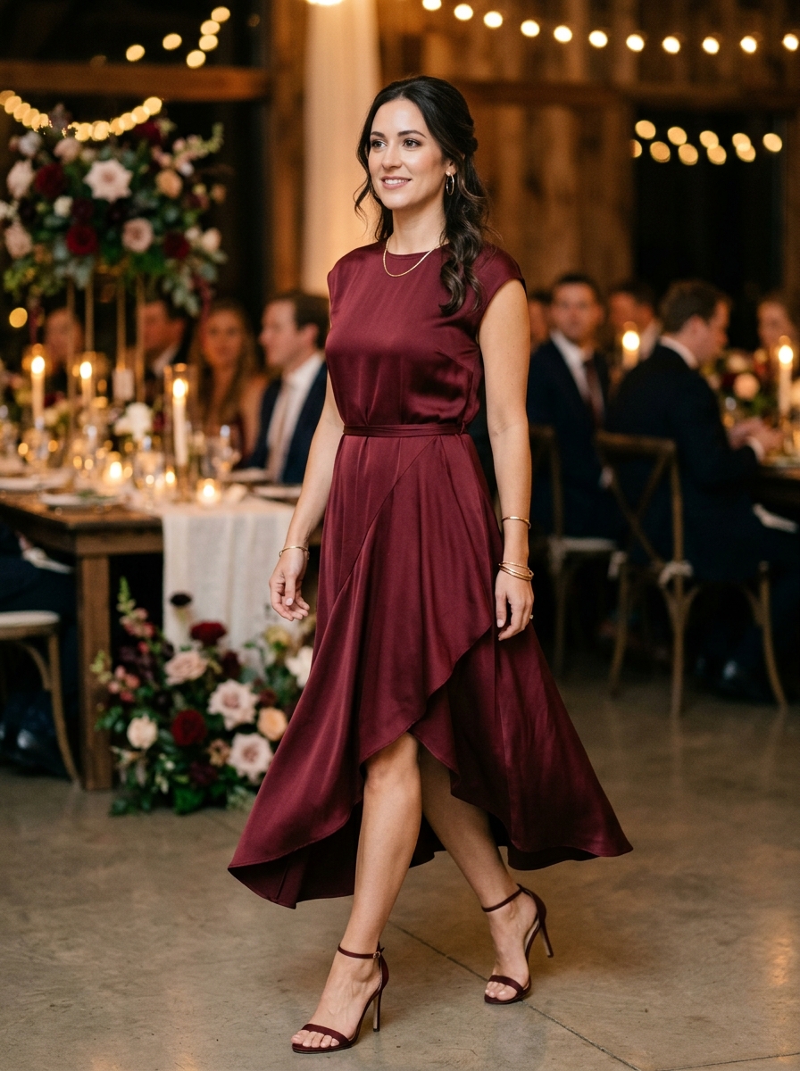 Wine Red Asymmetric Hem Dress