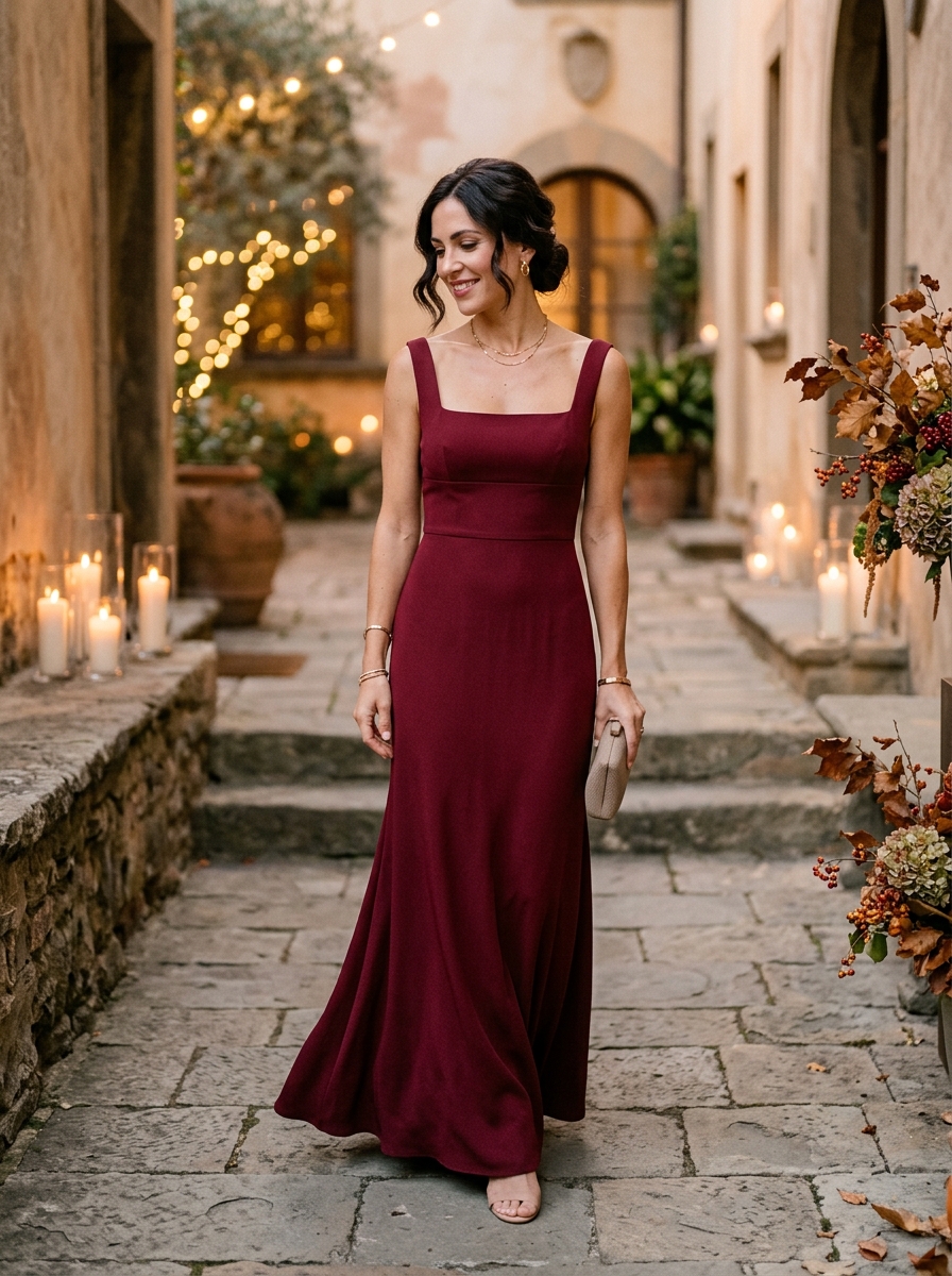 Wine Red Square-Neck Maxi Dress
