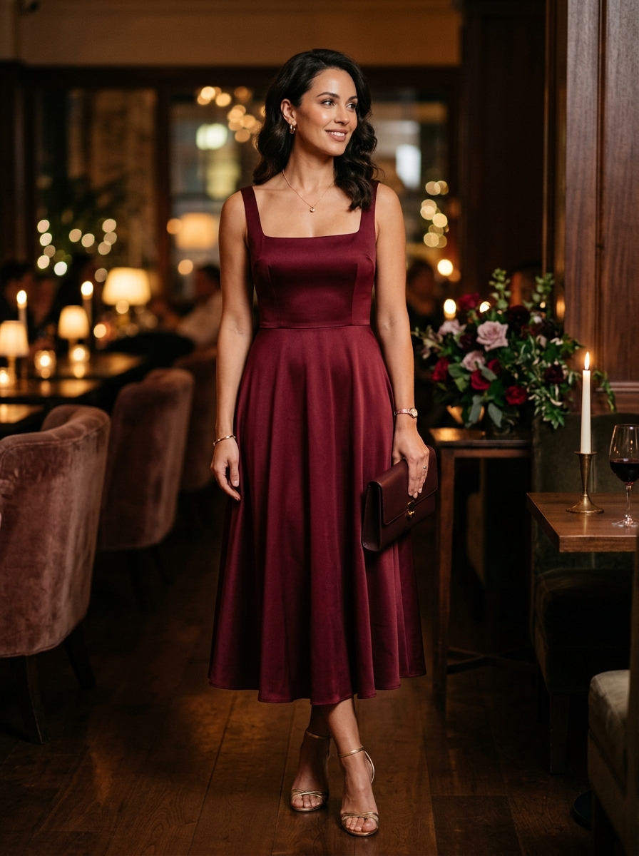 Wine Red Square-Neck Midi Dress