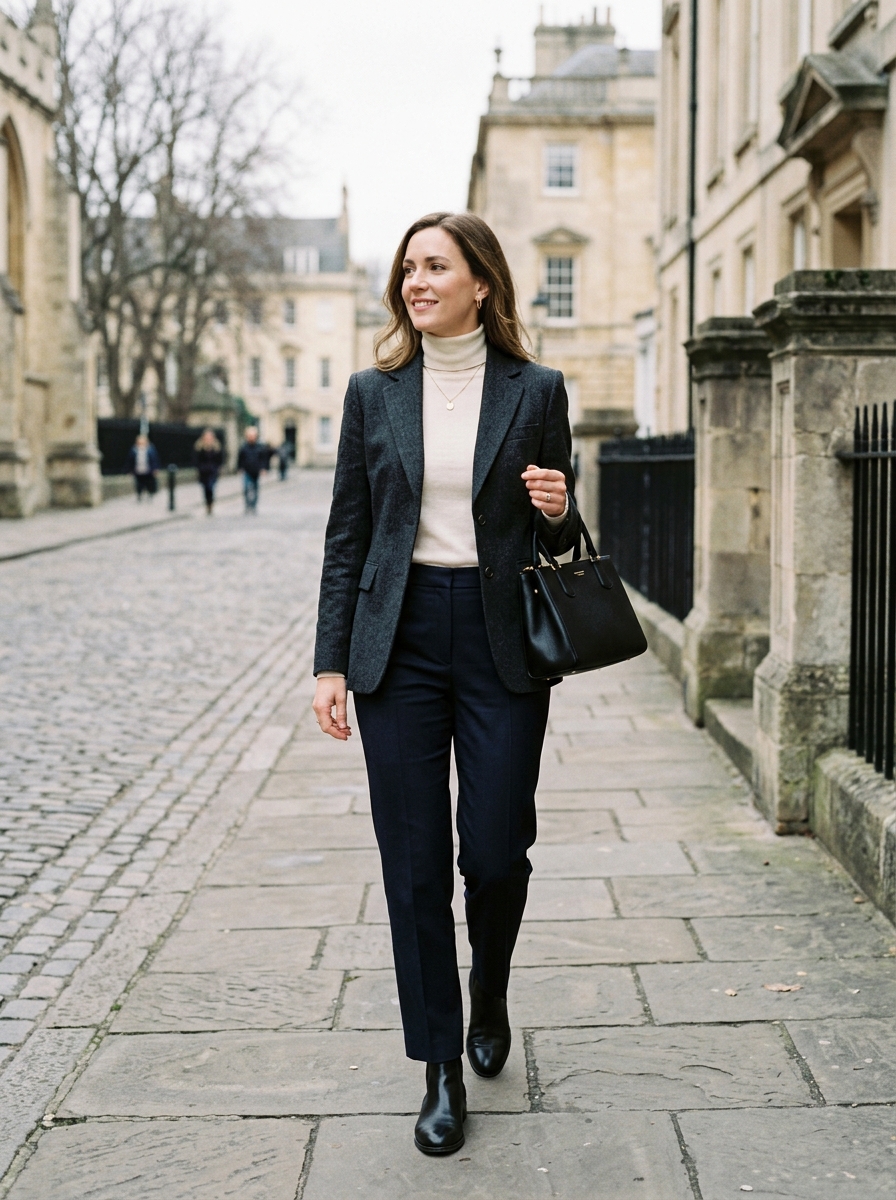 Wool Blazer With Fine Knit and Tailored Trousers