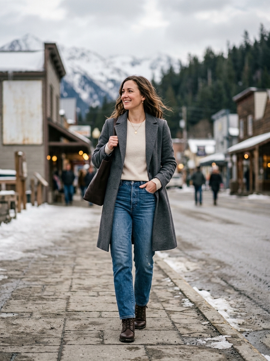 Wool Coat With Sweater and Straight Jeans