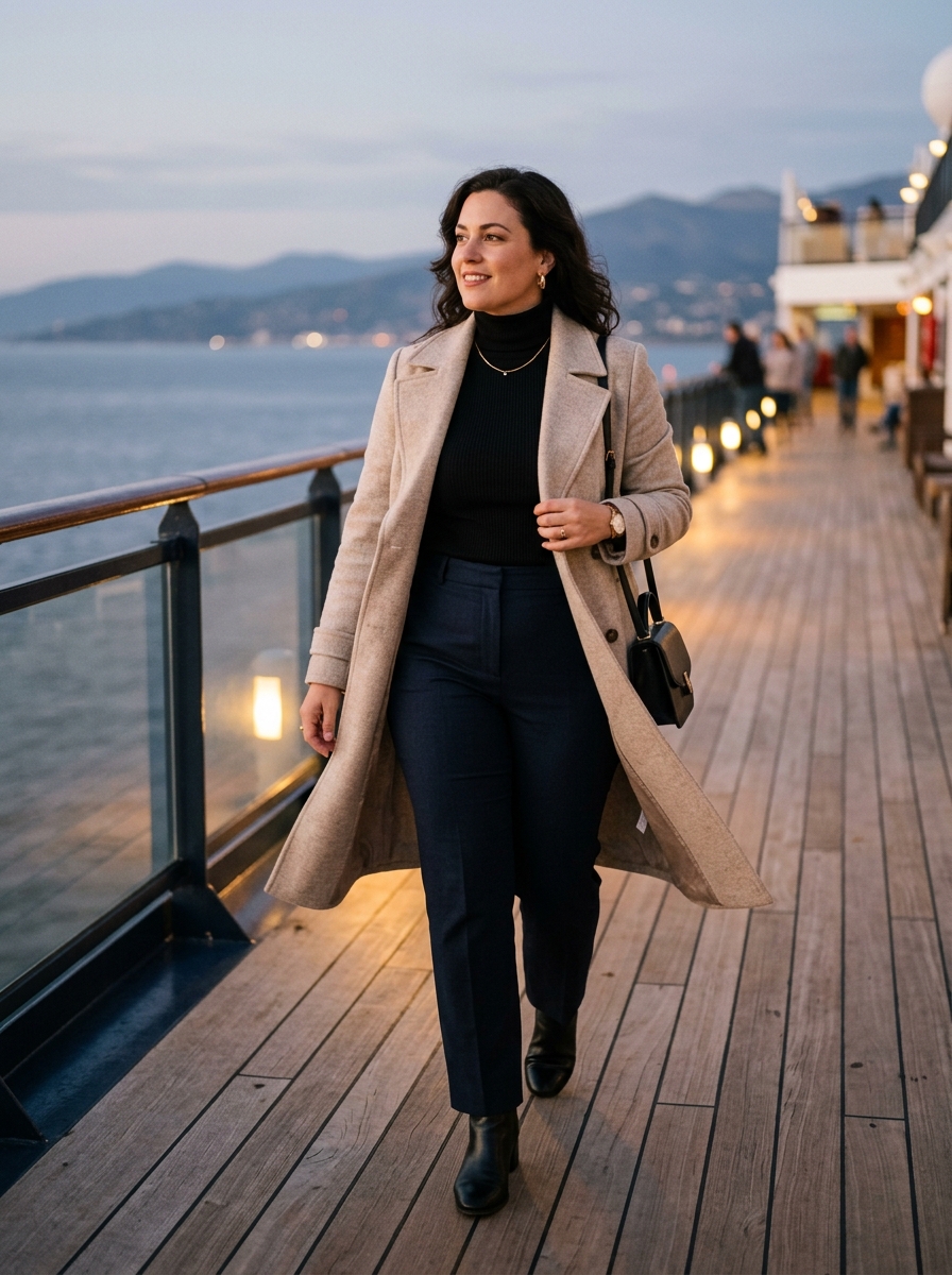 Wool Coat With Turtleneck and Straight Trousers