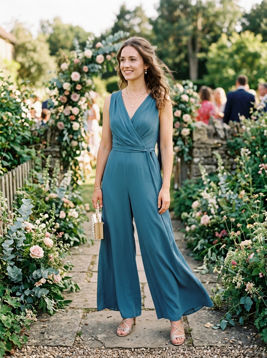 Wrap Jumpsuit With Metallic Sandals