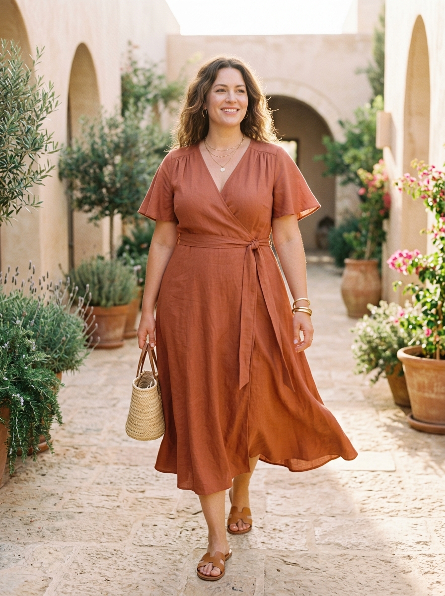 Wrap Midi Dress With Short Flutter Sleeves