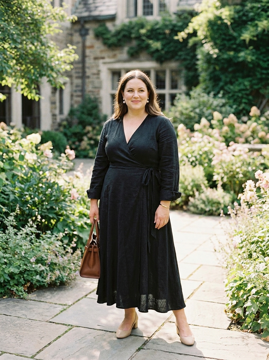 Wrap-Style Midi Dress With Long Sleeves