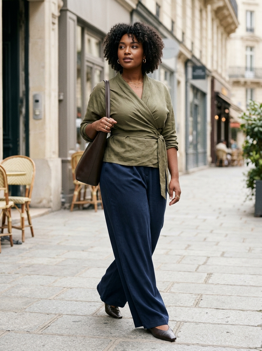 Wrap-Style Top With Wide-Leg Trousers