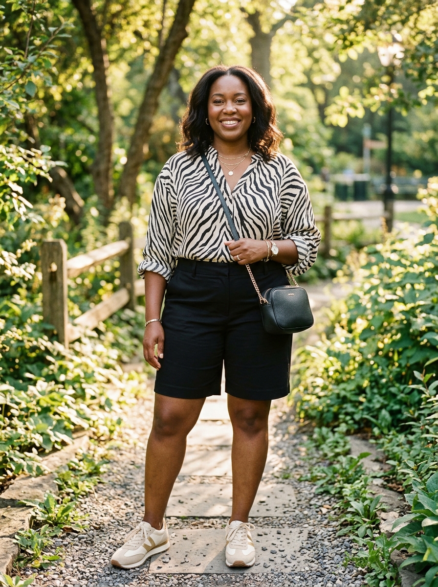 Zebra Print Blouse With Black Walking Shorts