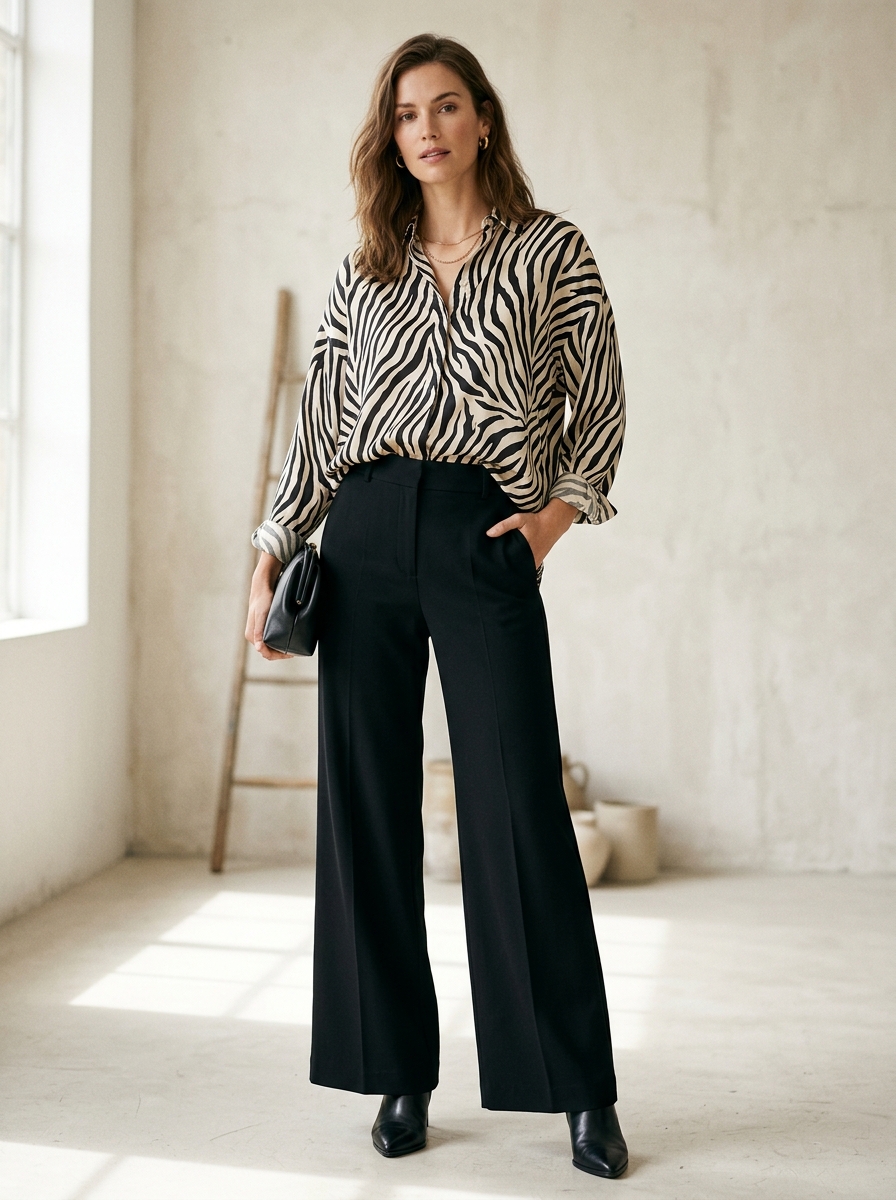 Zebra Print Blouse With Black Wide-Leg Pants
