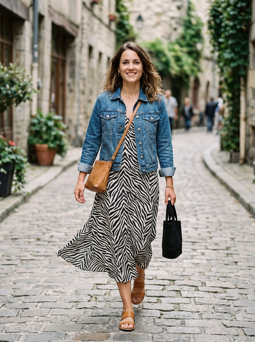Zebra Print Dress With Denim Jacket