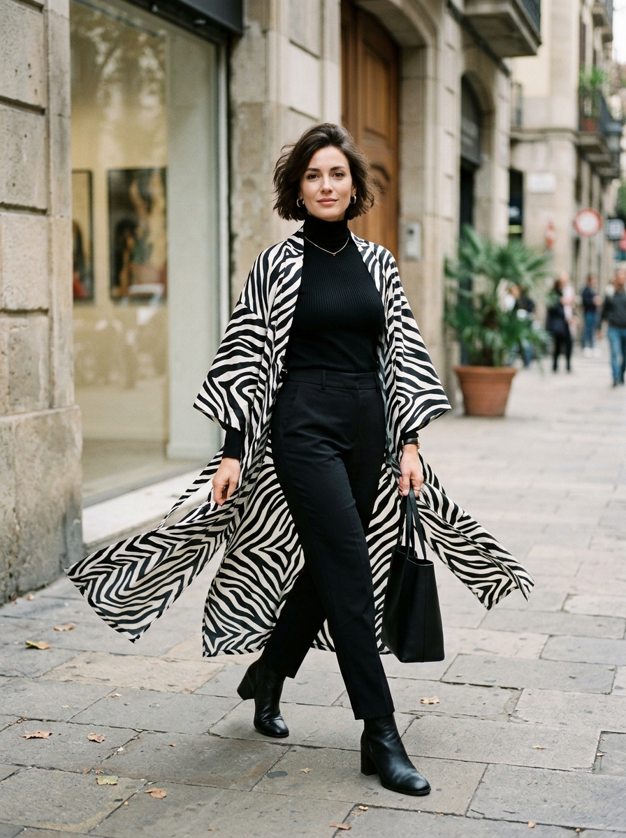 Zebra Print Kimono Over Monochrome Basics