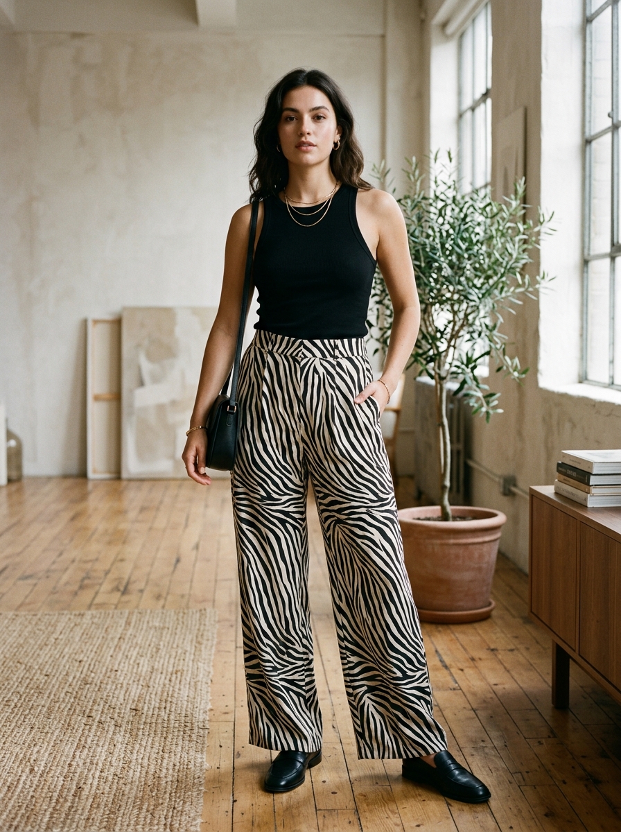 Zebra Print Wide-Leg Trousers With Black Tank