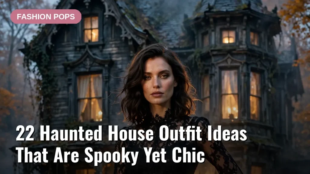 Featured image: woman in a black lace midi dress at a haunted house for the 22 haunted house outfit ideas article