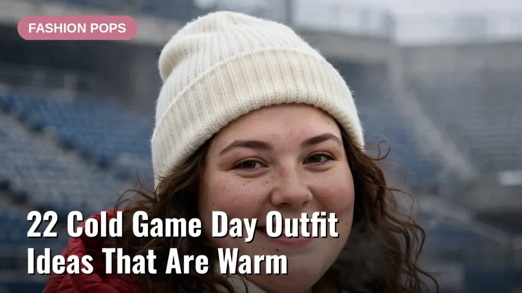 A curvy young woman in a red puffer jacket, cream knit scarf and beanie smiling at a cold football stadium, with the article title text overlay