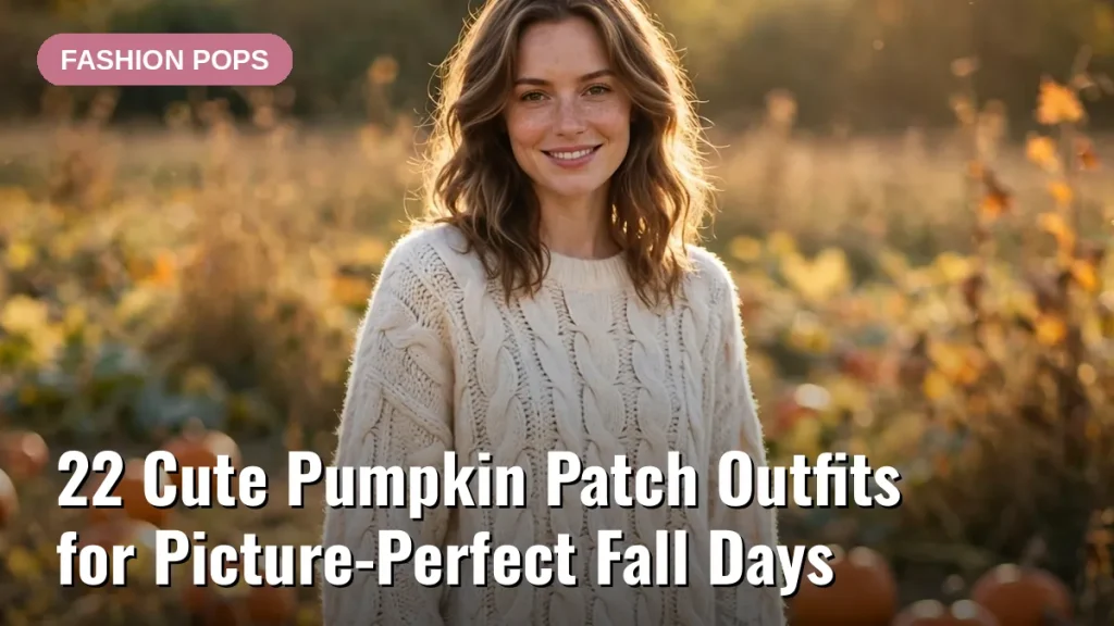 Collage title card for 22 Cute Pumpkin Patch Outfits showing a smiling woman in a cream cable-knit sweater in a pumpkin patch
