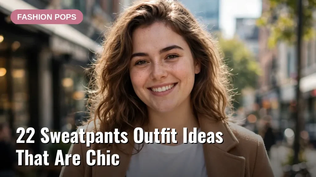 A moderately curvy young woman in cream sweatpants, a white top, and a camel coat smiling on a sunny city street, with the article title text overlay