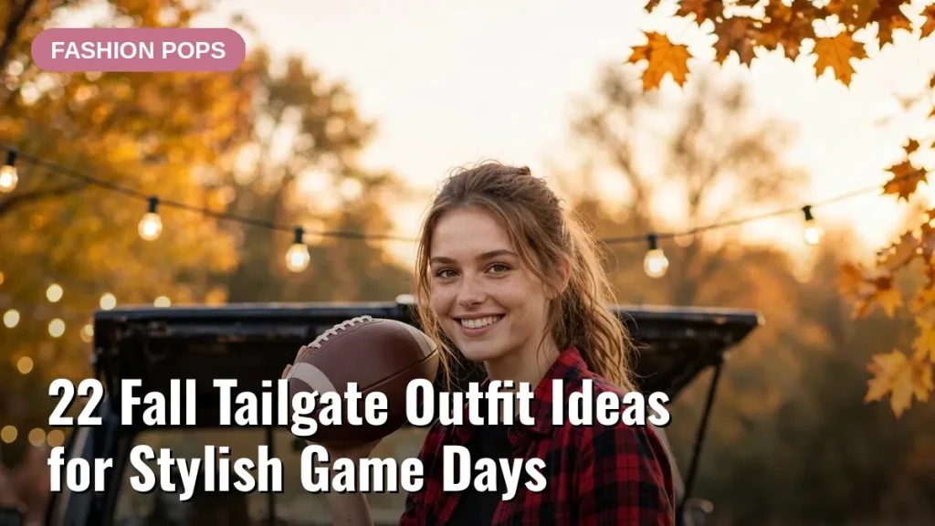 Woman in a red plaid flannel shirt, skinny jeans and brown knee-high boots holding a football at a fall tailgate party