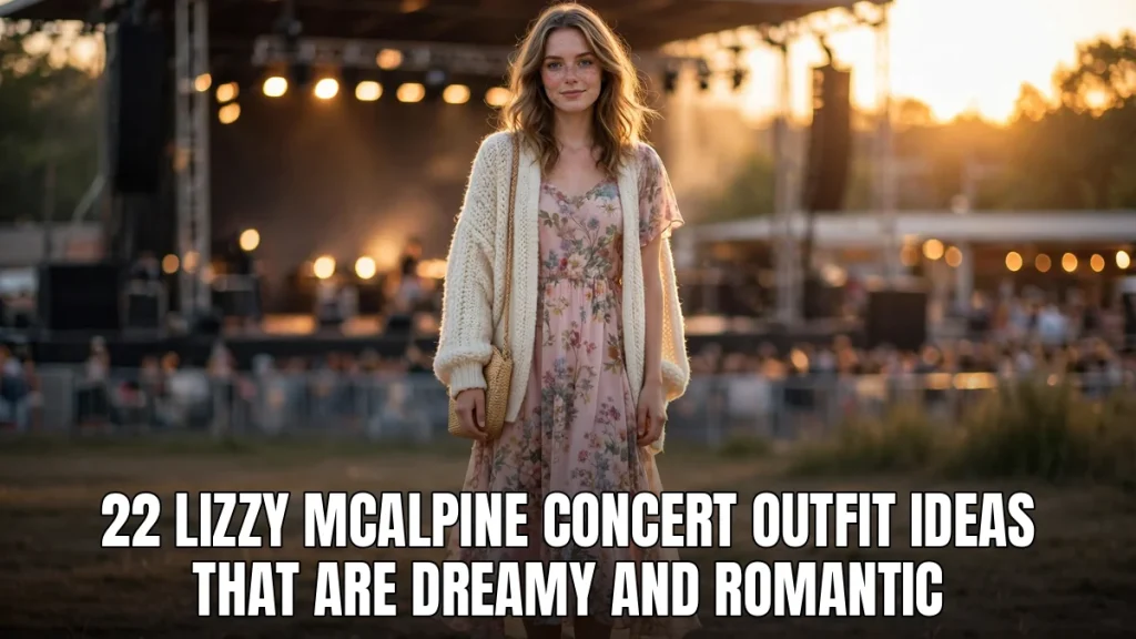 Young woman in a dreamy romantic concert outfit smiling softly at golden hour, with the article title text overlay