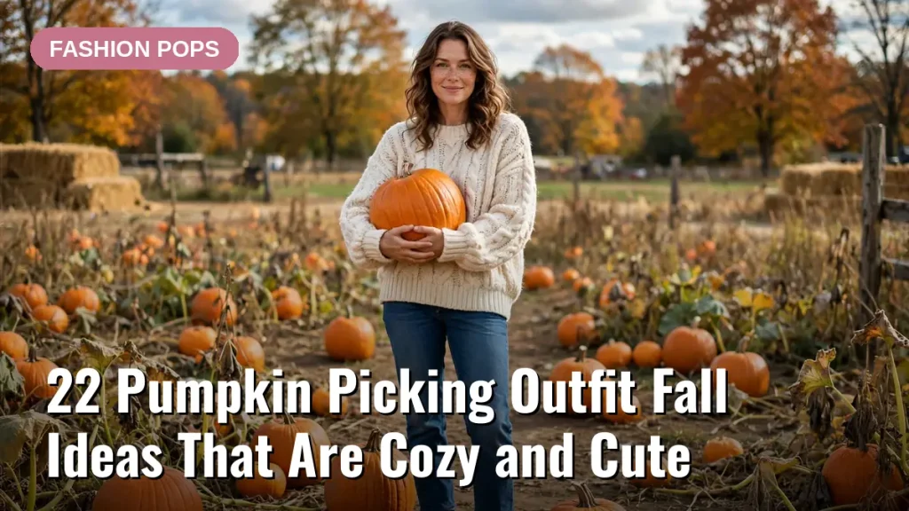 Woman in a cozy fall pumpkin picking outfit holding a pumpkin in a pumpkin patch, with the article title text overlay
