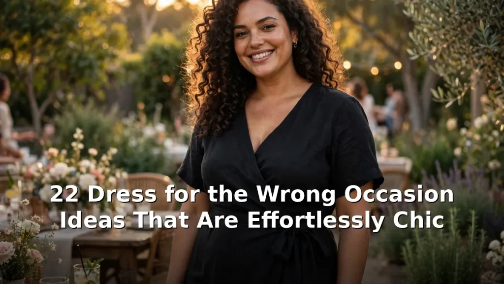 A curvy woman in an effortlessly chic black wrap midi dress smiling at a garden party, with the article title text overlay