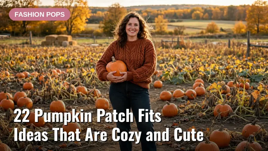 A smiling woman in a cozy cute pumpkin patch outfit holding a pumpkin, with the article title text overlay