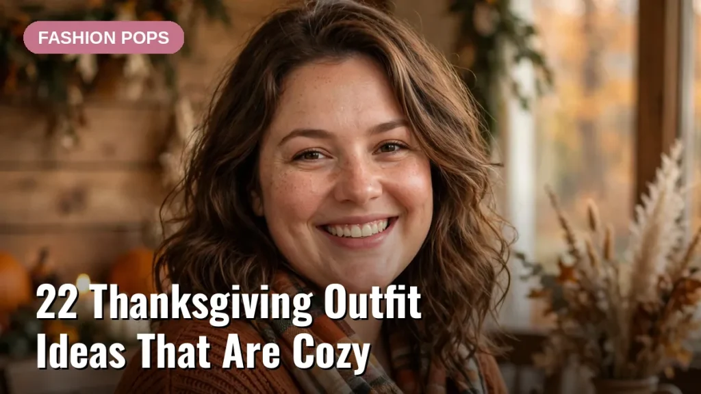 A curvy young woman in a rust sweater dress and plaid scarf smiling at a Thanksgiving dinner table, with the article title text overlay