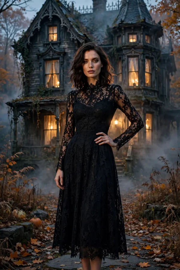 Woman in a black lace midi dress standing in front of a haunted Victorian house at dusk