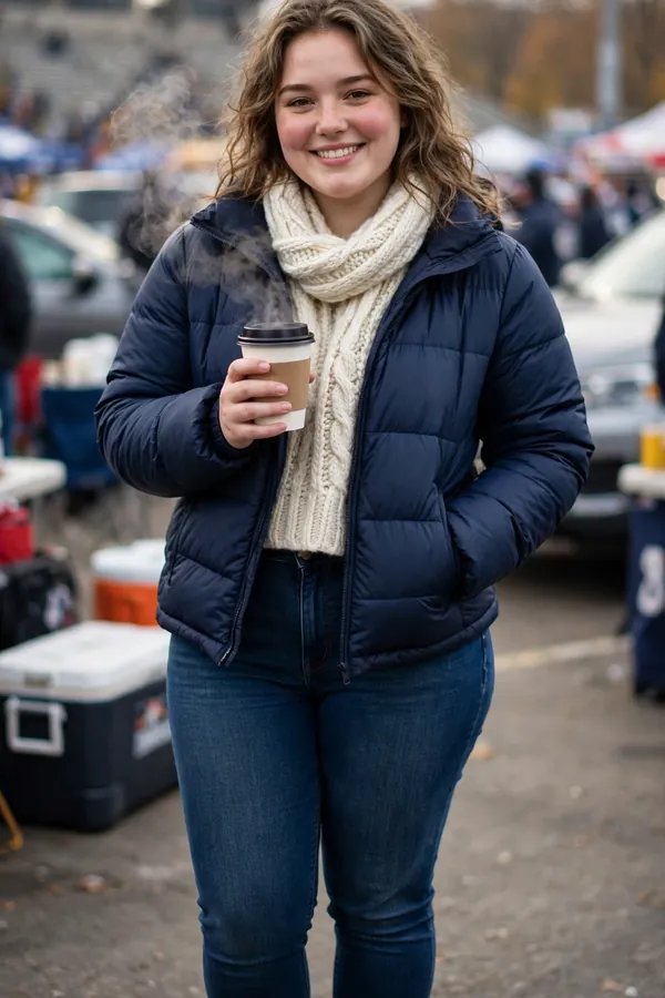 A curvy young woman in a team-colour puffer jacket, chunky knit scarf, dark jeans and warm boots holding a hot drink at a chilly stadium tailgate