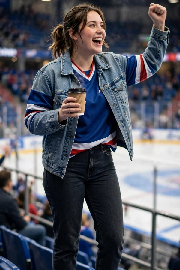 A curvy young woman in a team jersey, denim jacket, and jeans cheering in the stands at a hockey arena