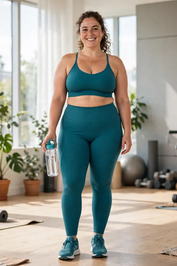 Moderately curvy woman in a teal matching activewear set smiling in a bright gym studio.