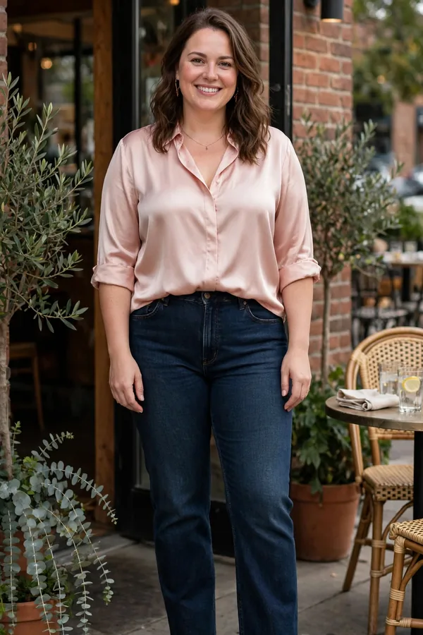 A moderately curvy woman in dark straight jeans and a silk blouse smiling at a casual restaurant entrance