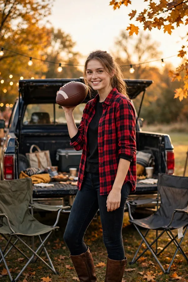 Woman in a red plaid flannel shirt, skinny jeans and brown knee-high boots holding a football at a fall tailgate party