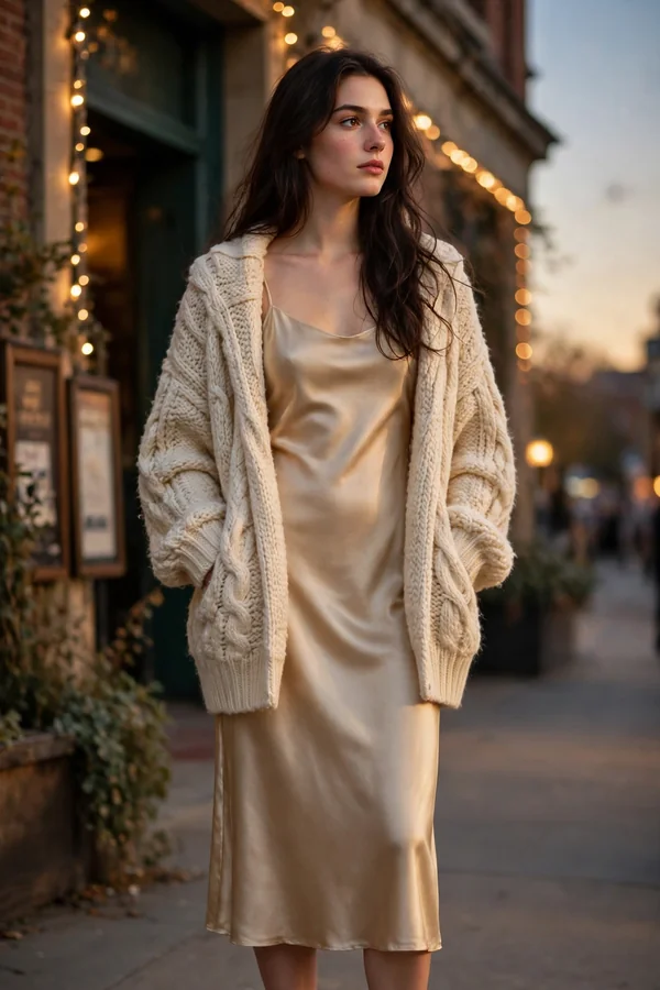 A young woman in a vintage slip dress and oversized cardigan standing in golden light outside a concert venue