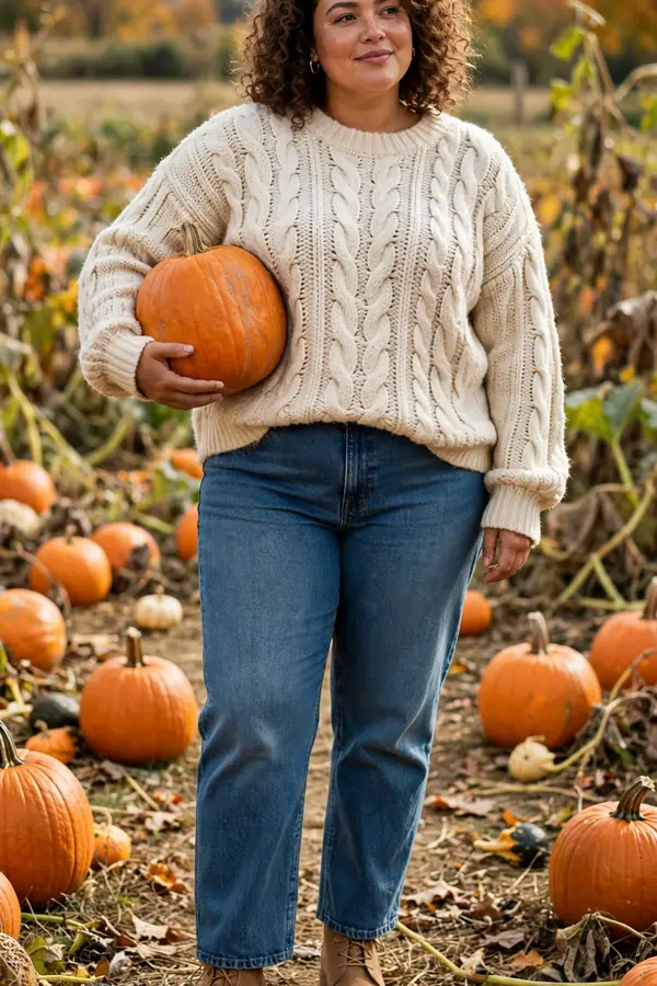 Woman in a chunky cream knit sweater and jeans holding a pumpkin in a pumpkin patch
