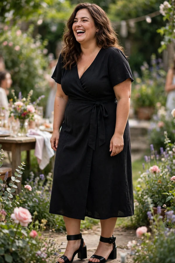 A curvy woman laughing in a black wrap midi dress and block-heel sandals at a garden party