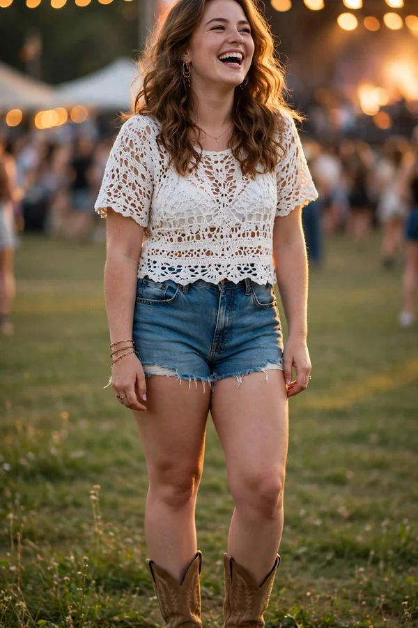 A curvy young woman in denim cutoffs, a white crochet top, and cowboy boots laughing at an outdoor music festival at golden hour