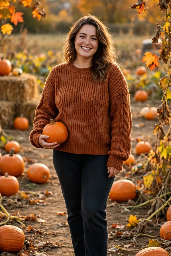 A smiling woman in a rust knit sweater and dark jeans holding a small pumpkin at a pumpkin patch in golden autumn light