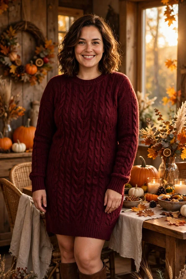 A curvy young woman in a burgundy sweater dress and knee-high brown boots smiling in a Thanksgiving dining room decorated with pumpkins