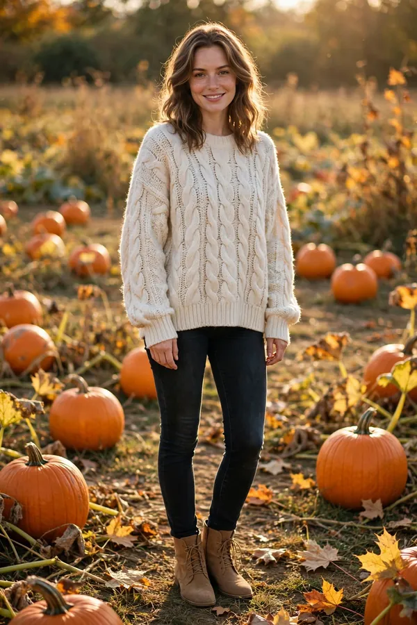 Smiling woman in an oversized cream cable-knit sweater, dark skinny jeans and tan ankle boots standing among pumpkins in a golden pumpkin patch