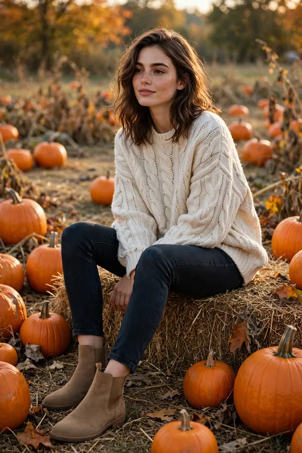 Woman sitting on a hay bale in a pumpkin patch wearing an oversized cream cable-knit sweater, dark skinny jeans and tan suede ankle boots