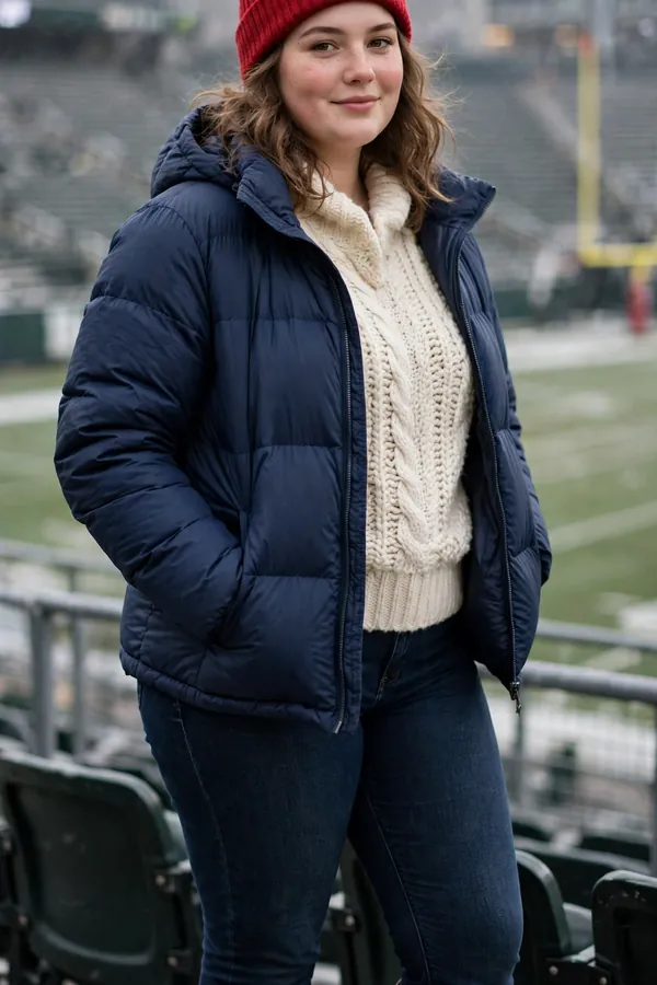 A curvy young woman wearing a navy puffer jacket, cream chunky knit sweater, dark jeans and brown knee-high boots with a red knit beanie at a cold football stadium