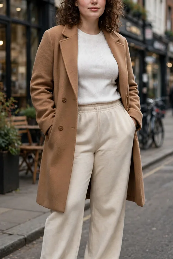 A moderately curvy young woman in cream wide-leg sweatpants, a white knit top, and a camel coat with white sneakers on a city street