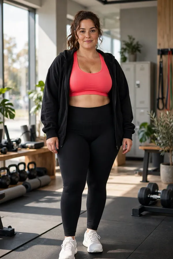 Moderately curvy woman in black leggings, a coral sports bra and an open black zip-up jacket in a gym.