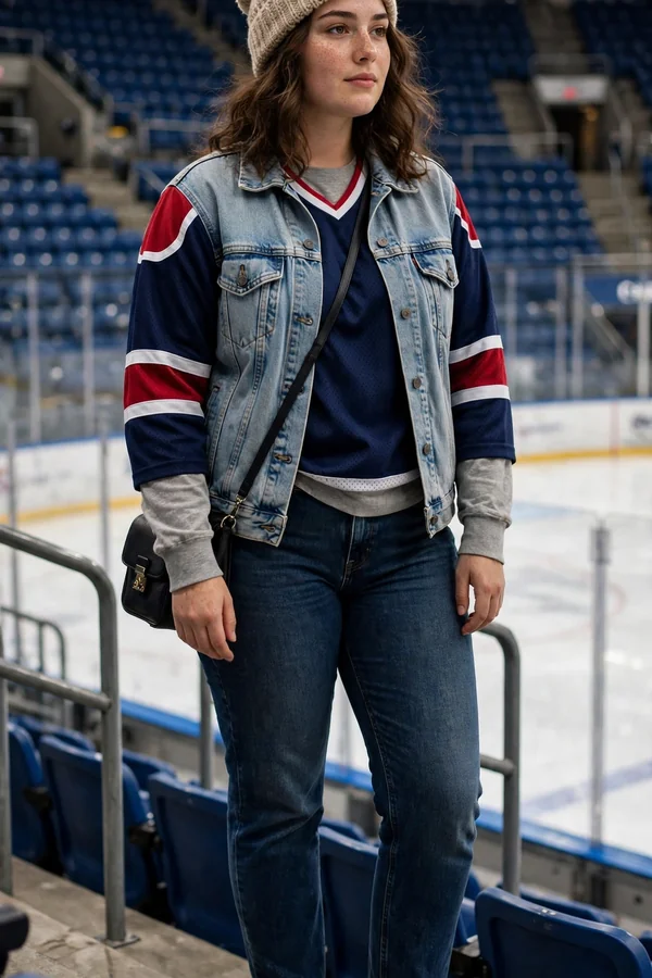 A curvy young woman wearing a team jersey under a denim jacket with jeans and sneakers in hockey arena stands