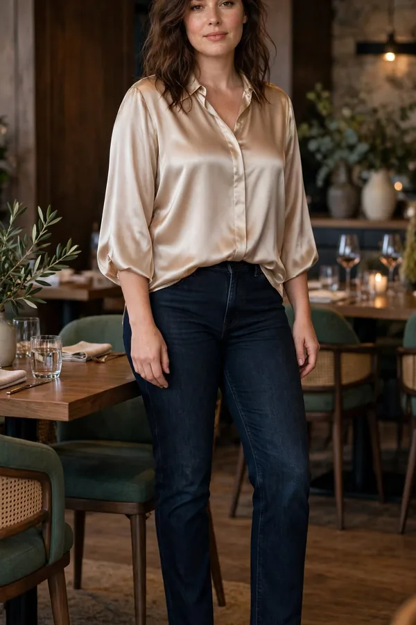 A moderately curvy woman in dark straight jeans and a champagne silk blouse with block heels at a smart restaurant
