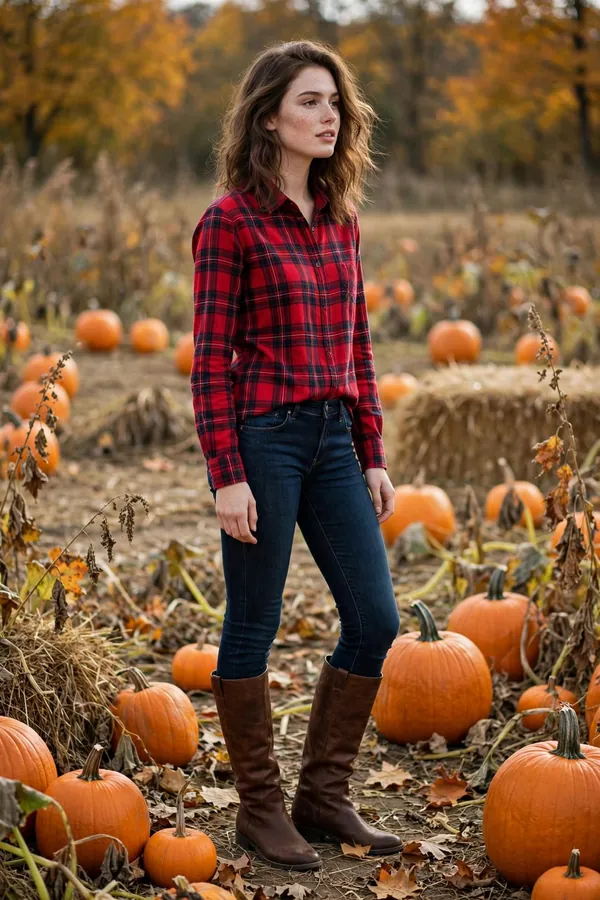 Woman wearing a red plaid flannel shirt tucked into dark skinny jeans with brown knee-high boots
