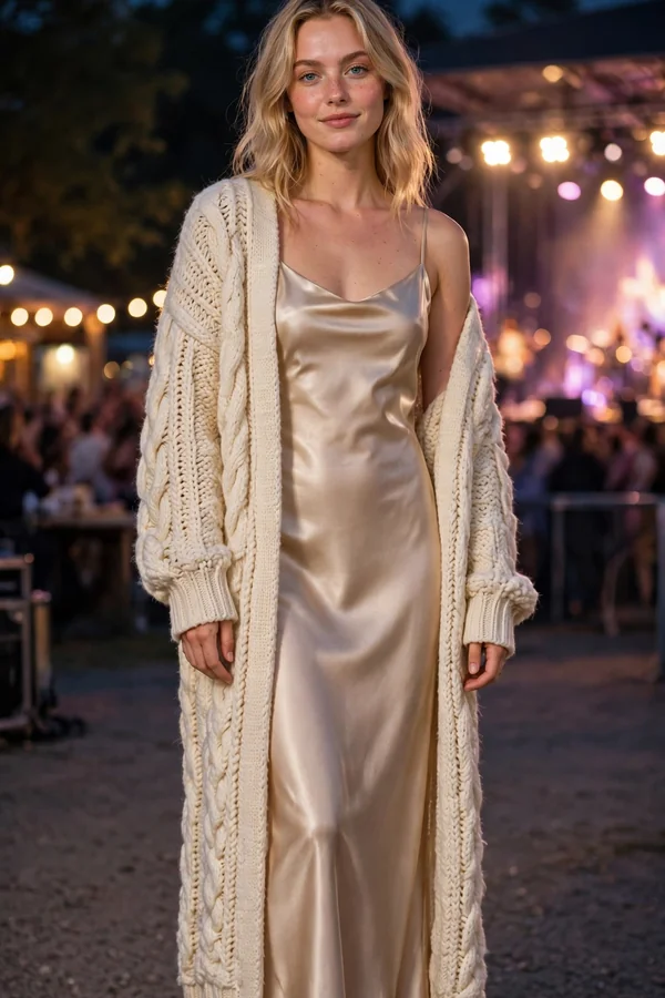 A young woman wearing a champagne satin slip dress and a chunky cream cardigan at an outdoor evening concert