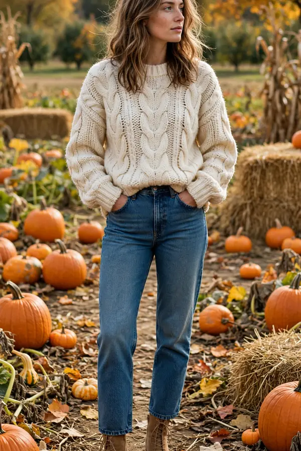 Woman in a chunky cream knit sweater and straight-leg jeans with tan ankle boots standing in a pumpkin patch