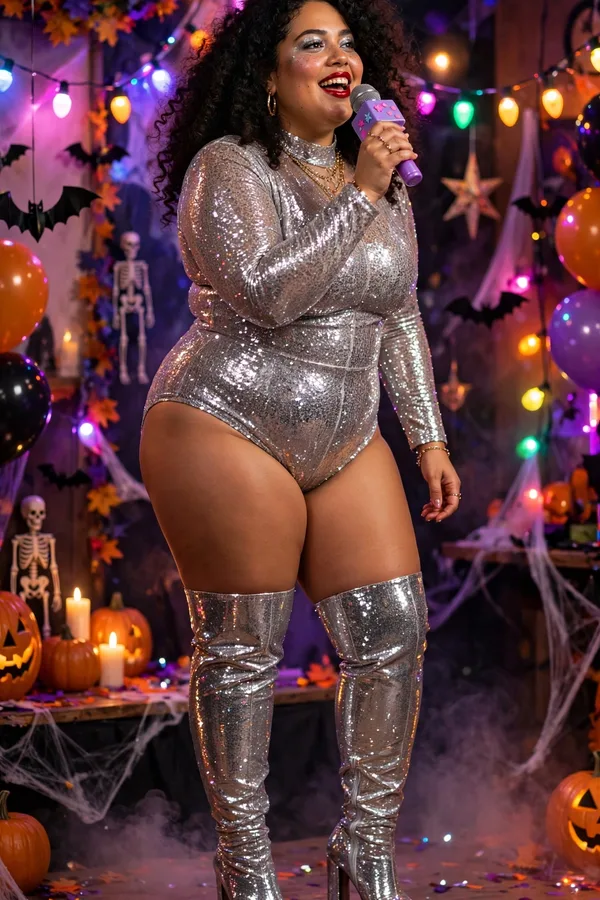 A curvy woman in a sparkling sequin bodysuit and thigh-high boots performing at a Halloween party