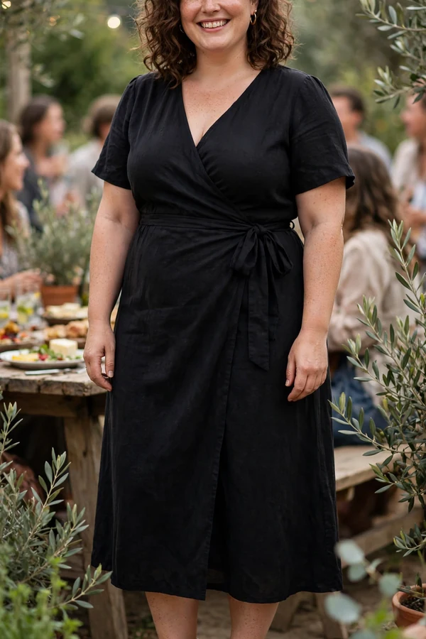 A curvy woman in a black wrap midi dress and block-heel sandals smiling at an outdoor gathering