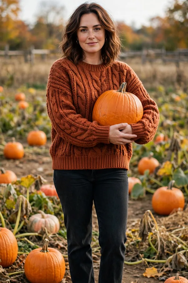A woman in a rust chunky knit sweater and dark straight jeans holding a pumpkin at a pumpkin patch